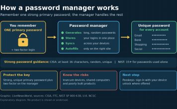 How Password Managers Work, and Are They Safe? Diagram showing how a password manager turns one primary password into unique passwords for every account
