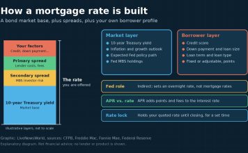 How Mortgage Rates Are Determined: What Sets the Rate You Pay Diagram showing how a mortgage rate is built from the 10-year Treasury yield, spreads and borrower factors