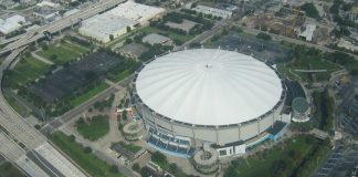 Rays Beat Guardians 7-3 to Win AL Pennant, Face Brewers in World Series Aerial view of Tropicana Field's white domed roof in St. Petersburg, Florida, surrounded by highways and parking lots