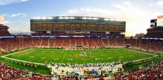 49ers Hold Off Commanders 23-17 on Monday Night Football, Move to 6-0 Crowd fills Levi's Stadium in Santa Clara, California, during a 49ers game at dusk, seen from the upper seats