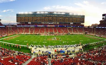 49ers Hold Off Commanders 23-17 on Monday Night Football, Move to 6-0 Crowd fills Levi's Stadium in Santa Clara, California, during a 49ers game at dusk, seen from the upper seats