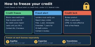 How to Freeze Your Credit, and Credit Freeze vs Fraud Alert Comparison graphic of a credit freeze, fraud alert and credit lock, with steps to freeze at all three bureaus