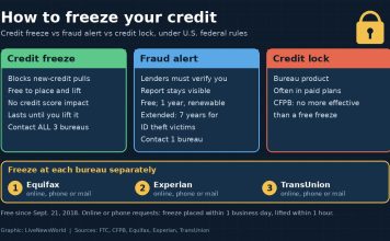How to Freeze Your Credit, and Credit Freeze vs Fraud Alert Comparison graphic of a credit freeze, fraud alert and credit lock, with steps to freeze at all three bureaus