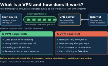 What Is a VPN and How Does It Work? Diagram of a VPN encrypted tunnel to a VPN server, showing what a VPN does and does not protect