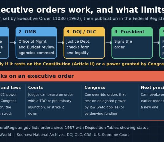 How Executive Orders Work, and What Limits Them Flowchart of how an executive order is drafted, reviewed, signed and published, with four checks that limit it
