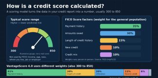How Is a Credit Score Calculated? The 5 FICO Factors Explained Chart showing how a credit score is calculated, with FICO and VantageScore 4.0 factor weights and score range.