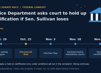DOJ Sues to Hold Up Alaska Senate Result if Sen. Dan Sullivan Loses Timeline graphic of the Justice Department's Alaska Senate lawsuit, from early voting to the Nov. 25 certification target.