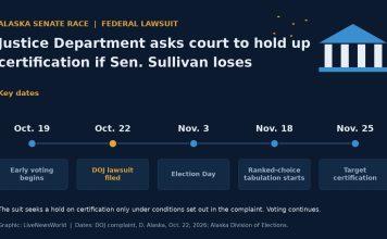 DOJ Sues to Hold Up Alaska Senate Result if Sen. Dan Sullivan Loses Timeline graphic of the Justice Department's Alaska Senate lawsuit, from early voting to the Nov. 25 certification target.