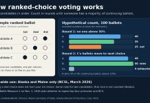 How Ranked-Choice Voting Works, and Where It Is Used in the U.S. Graphic explaining how ranked-choice voting works, with a sample ranked ballot and a hypothetical two-round vote count