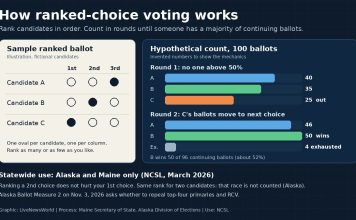 How Ranked-Choice Voting Works, and Where It Is Used in the U.S. Graphic explaining how ranked-choice voting works, with a sample ranked ballot and a hypothetical two-round vote count