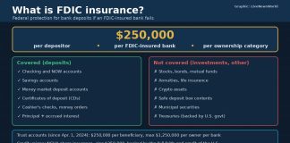 What Is FDIC Insurance? What It Covers and the $250,000 Limit Graphic explaining FDIC insurance, showing the $250,000 limit and which bank products are and are not covered