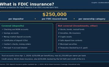 What Is FDIC Insurance? What It Covers and the $250,000 Limit Graphic explaining FDIC insurance, showing the $250,000 limit and which bank products are and are not covered