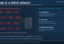 What Is a DDoS Attack? How Denial-of-Service Attacks Work Graphic explaining a DDoS attack, showing hijacked devices flooding a target server and three attack types