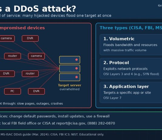 What Is a DDoS Attack? How Denial-of-Service Attacks Work Graphic explaining a DDoS attack, showing hijacked devices flooding a target server and three attack types