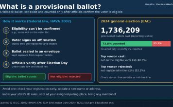 What Is a Provisional Ballot? How It Works and When It Counts Graphic explaining a provisional ballot, showing the four-step verification process and 2024 counting figures from the EAC