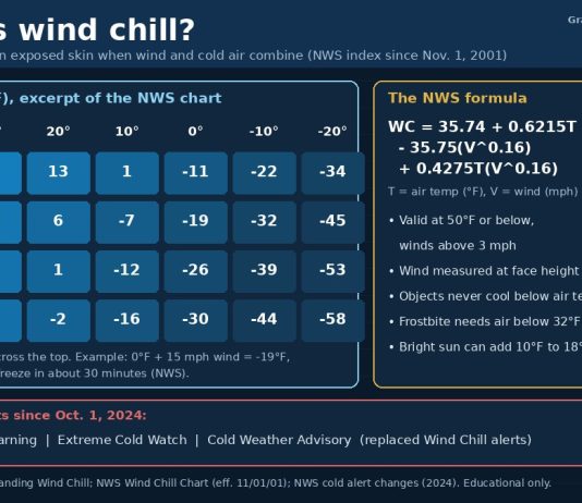 What Is Wind Chill? How the NWS Wind Chill Chart Works Graphic explaining wind chill with an excerpt of the NWS wind chill chart, the formula and current cold alerts.