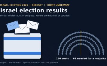 Israel Election Results: Netanyahu Bloc Leads Count but Falls Short of 61 Graphic of a ballot box with envelopes beside a 120-seat Knesset diagram marking the 61-seat majority line