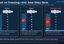 Sleet vs Freezing Rain: What’s the Difference? Graphic comparing how snow, sleet and freezing rain form as precipitation falls through warm and freezing air layers.