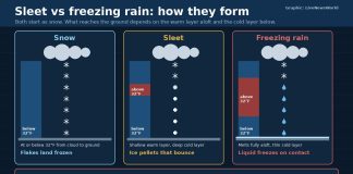 Sleet vs Freezing Rain: What’s the Difference? Graphic comparing how snow, sleet and freezing rain form as precipitation falls through warm and freezing air layers.
