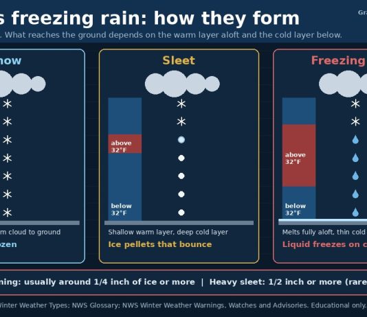 Sleet vs Freezing Rain: What’s the Difference? Graphic comparing how snow, sleet and freezing rain form as precipitation falls through warm and freezing air layers.