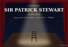 Patrick Stewart, ‘Star Trek’ and ‘X-Men’ Star, Dies at 86 Memorial graphic for Sir Patrick Stewart showing an empty chair on a spotlit stage beneath a starfield.