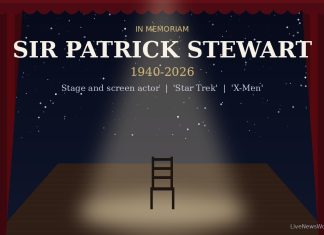 Patrick Stewart, ‘Star Trek’ and ‘X-Men’ Star, Dies at 86 Memorial graphic for Sir Patrick Stewart showing an empty chair on a spotlit stage beneath a starfield.