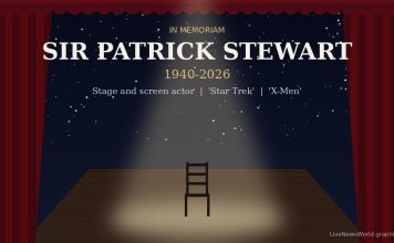Patrick Stewart, ‘Star Trek’ and ‘X-Men’ Star, Dies at 86 Memorial graphic for Sir Patrick Stewart showing an empty chair on a spotlit stage beneath a starfield.