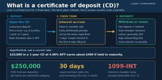 What Is a Certificate of Deposit (CD)? How CDs Work Explainer graphic showing how a certificate of deposit works from deposit to maturity, with FDIC and tax facts
