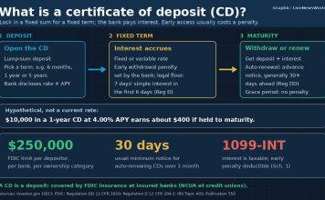 What Is a Certificate of Deposit (CD)? How CDs Work Explainer graphic showing how a certificate of deposit works from deposit to maturity, with FDIC and tax facts