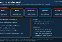What Is Malware? Common Types and How to Protect Yourself Graphic explaining what malware is, showing five common types, how infections start and CISA steps to protect and recover.