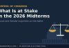 What Is at Stake in the 2026 Midterm Elections? How the Results Could Change Congress Balance scale over a US Capitol outline for what is at stake in the 2026 midterms