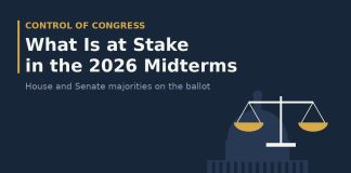 What Is at Stake in the 2026 Midterm Elections? How the Results Could Change Congress Balance scale over a US Capitol outline for what is at stake in the 2026 midterms