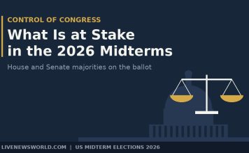 What Is at Stake in the 2026 Midterm Elections? How the Results Could Change Congress Balance scale over a US Capitol outline for what is at stake in the 2026 midterms
