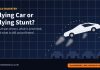 Tesla Flying Car: What Musk’s Roadster Showed and What Is Unproven Illustration of a white wedge-shaped sports car leaping over a row of parked vehicles with gas thrusters firing