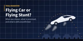Tesla Flying Car: What Musk’s Roadster Showed and What Is Unproven Illustration of a white wedge-shaped sports car leaping over a row of parked vehicles with gas thrusters firing