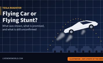 Tesla Flying Car: What Musk’s Roadster Showed and What Is Unproven Illustration of a white wedge-shaped sports car leaping over a row of parked vehicles with gas thrusters firing