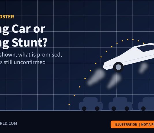 Tesla Flying Car: What Musk’s Roadster Showed and What Is Unproven Illustration of a white wedge-shaped sports car leaping over a row of parked vehicles with gas thrusters firing